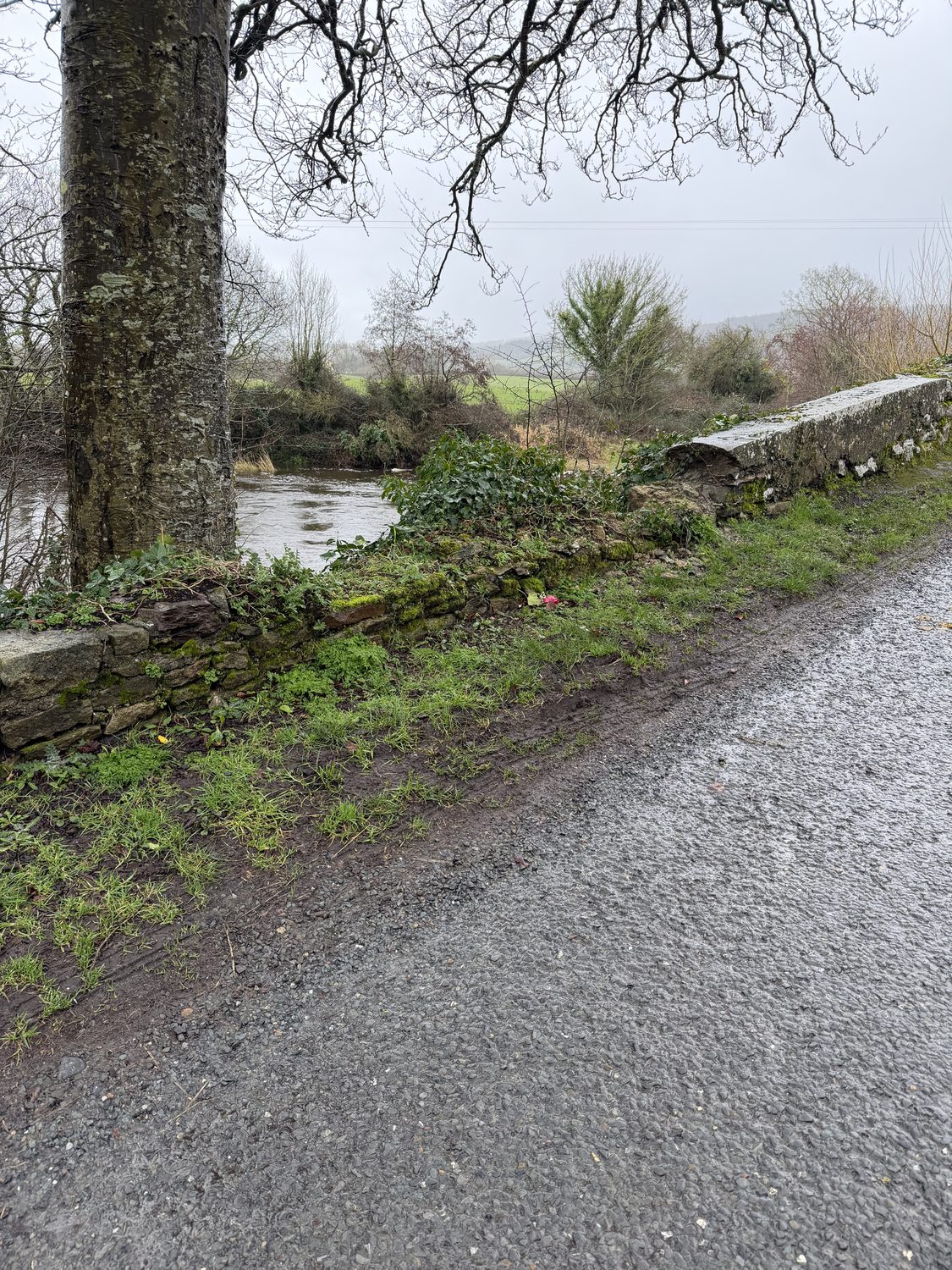 The parapet at Killardry Bridge with its capping removed, the wall standing barely above the road, the River Aherlow beyond.