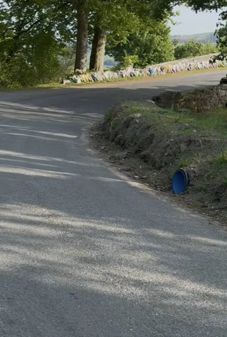 A plastic drainage pipe emerging from the open roadside bank.